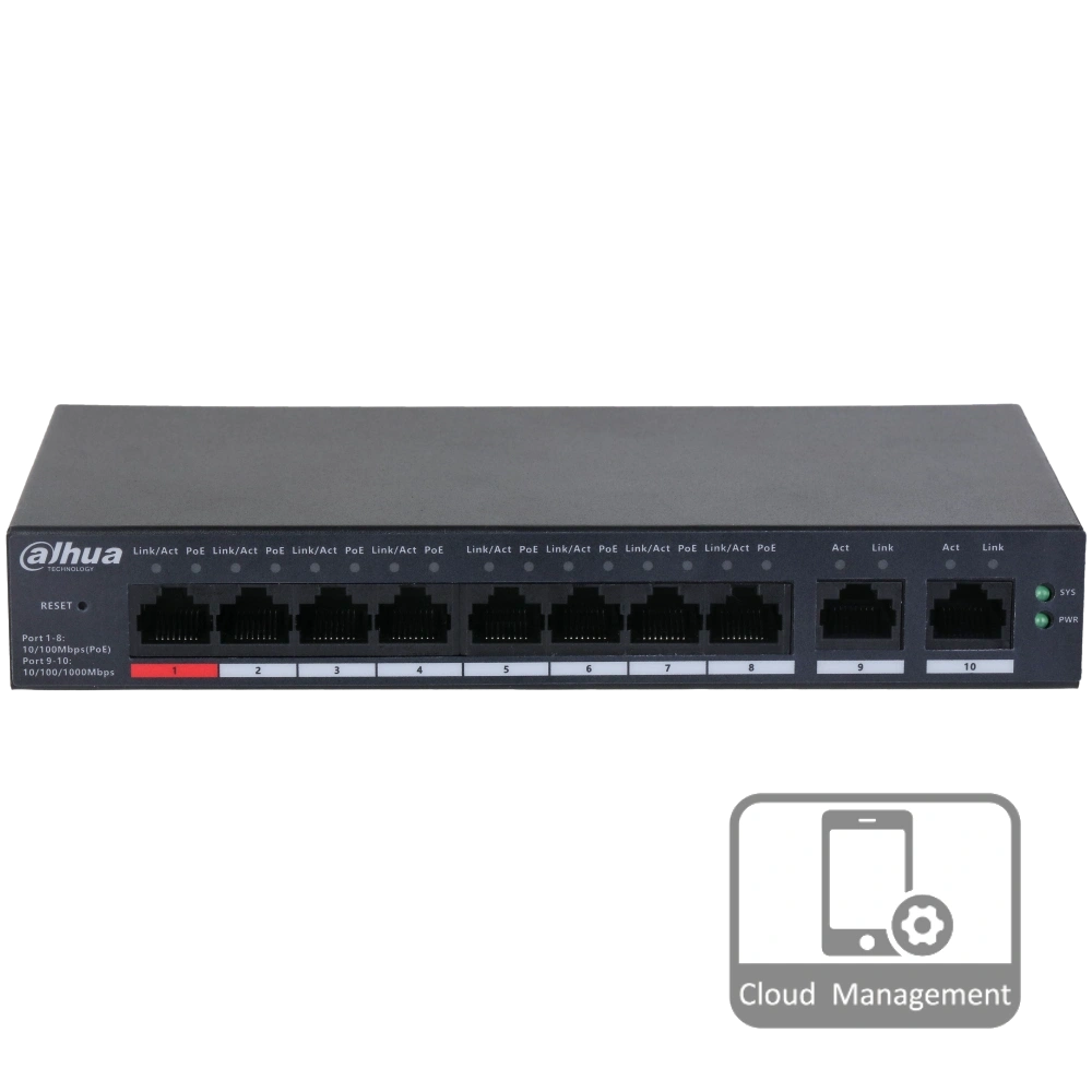 Керований PoE комутатор Dahua DH-CS4010-8ET-110 (10 портів, Hi-PoE, хмарне управління)