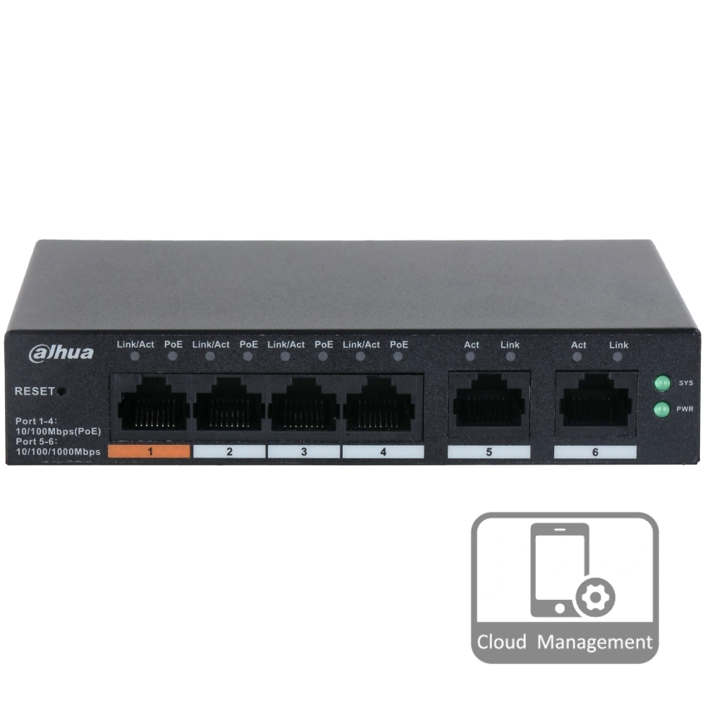 Керований PoE комутатор Dahua DH-CS4006-4ET-60 (6 портів, хмарне управління, Hi-PoE)